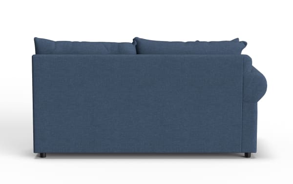 Blue fabric upholstered sofa with cushioned backrest and armrest, featuring a modern, clean-lined design and black cylindrical legs.