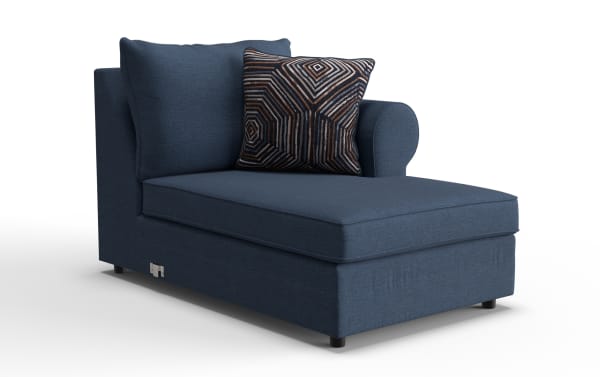 Modern navy blue fabric chaise lounge with cushioned backrest and armrest, featuring a decorative geometric patterned throw pillow.