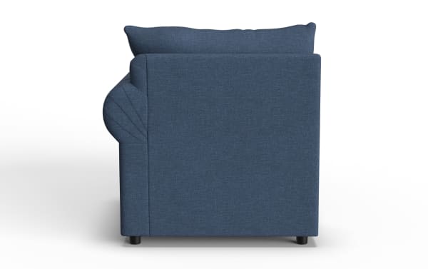 Blue fabric upholstered sofa armrest side view showing plush cushion, modern design, and textured material with black cylindrical legs.