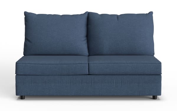 Blue fabric loveseat sofa with two large back cushions and thick seat cushions, featuring a modern, minimalist design and black short legs.