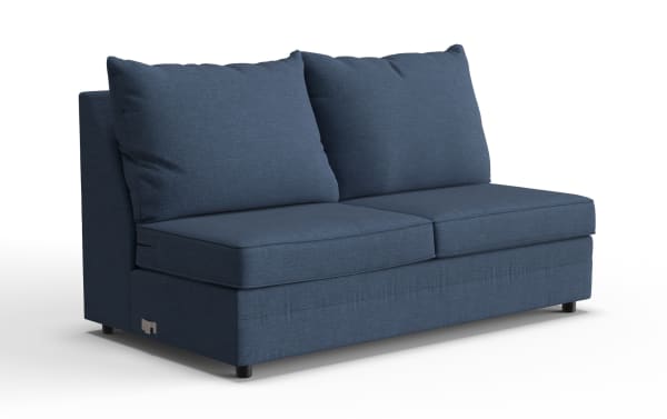 Modern navy blue fabric loveseat with two large cushioned backrests and thick seat cushions, featuring a minimalist design and sturdy black legs.