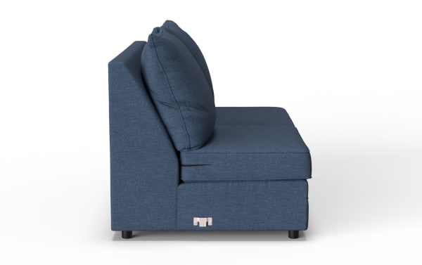 Blue fabric upholstered modern sofa with plush back cushions, straight armrest, and low black legs, shown from side view.
