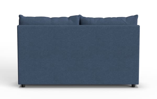 Modern two-seater sofa in dark blue fabric upholstery with clean lines, cushioned backrest, and short black legs, ideal for living rooms.