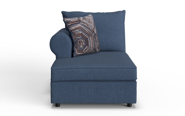 Blue fabric chaise lounge chair with a rolled armrest, matching back cushion, and decorative geometric patterned throw pillow.