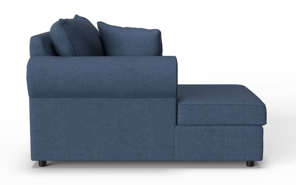 Modern blue fabric sectional sofa with chaise lounge, featuring plush cushions and a clean, contemporary design ideal for living room comfort.