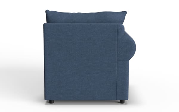 Blue fabric upholstered sofa side view showing clean lines, cushioned armrest, and black cylindrical legs, suitable for modern living rooms.