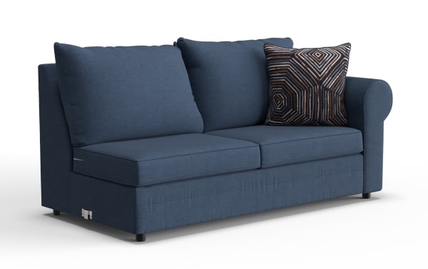 Blue fabric upholstered sofa with two large back cushions, a patterned decorative throw pillow, and rounded armrest on one side.