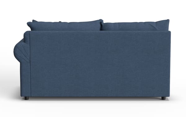 Blue fabric sofa with clean, modern design, featuring plush back cushions and short black legs, ideal for contemporary living rooms.