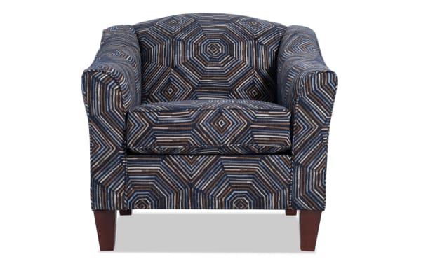 Juno Denim Accent Chair in blue polyester fabric with geometric pattern, transitional style, memory foam cushion, and tapered wooden legs.