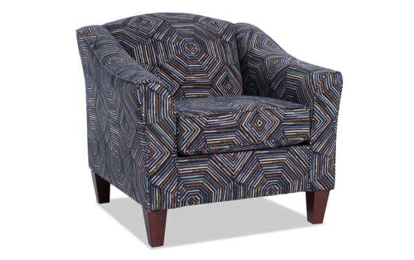 Juno Denim Accent Chair in blue polyester fabric with geometric pattern, transitional style, memory foam cushion, and tapered wooden legs.