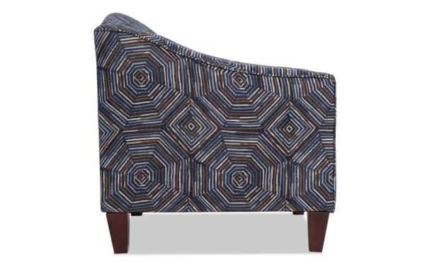Juno Denim Accent Chair in blue polyester fabric with geometric pattern, transitional style, tapered wooden legs, and memory foam cushioning.