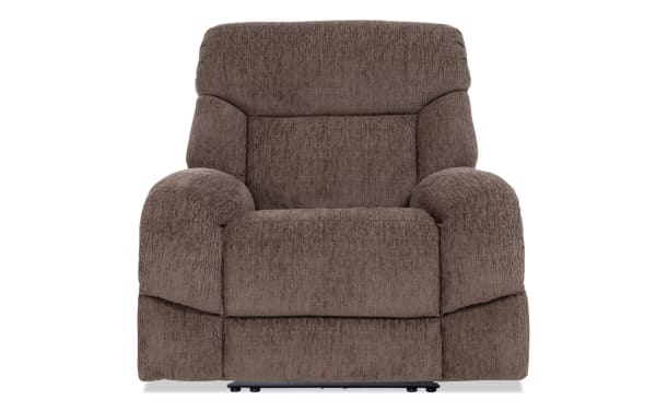 Everest Chocolate Power Recliner with power headrest in brown polyester fabric, transitional style with plush cushioning and USB charging ports.