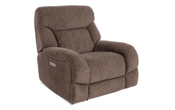 Everest Chocolate Power Recliner with Power Headrest in brown polyester fabric, transitional style, plush padded arms, and USB charging ports.