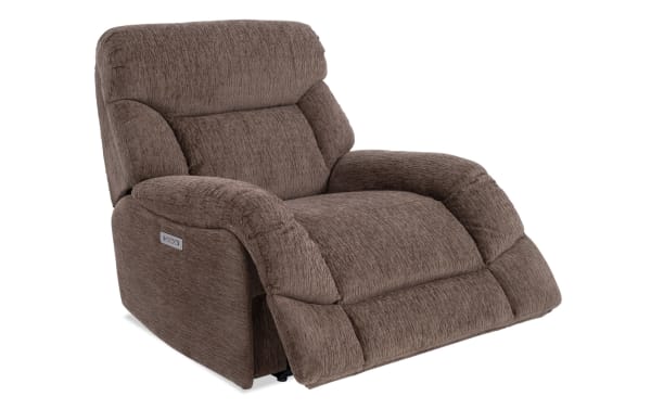 Everest Chocolate Power Recliner with power headrest in brown polyester fabric, transitional style, plush cushioned arms, and USB charging ports.