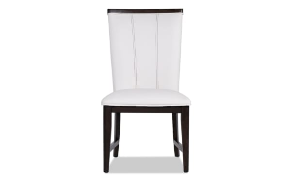 Contempo Espresso & White Solid Back Upholstered Dining Chair with white polyester fabric, memory foam seat, and dark wood frame in contemporary style.
