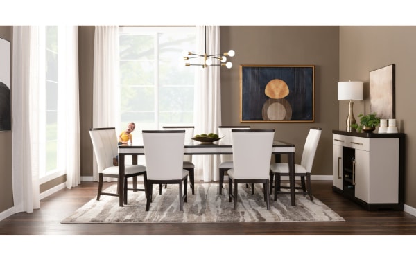 Contempo Dining white solid back upholstered dining chairs with poplar and rubberwood solids, polyester fabric, and memory foam seats in a contemporary dining room.