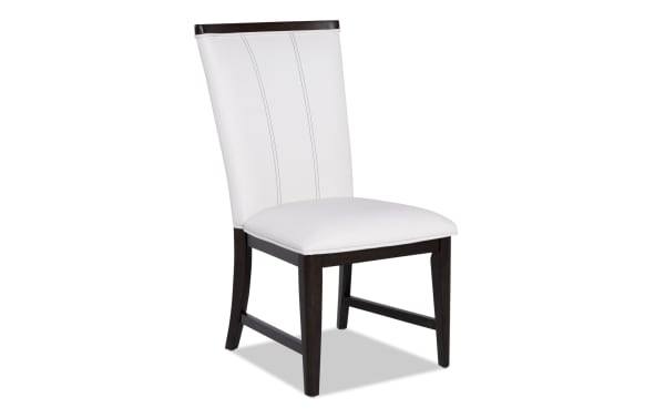 Contempo Espresso & White Solid Back Upholstered Dining Chair with white polyester fabric, memory foam seat, espresso wood legs, and contemporary style.