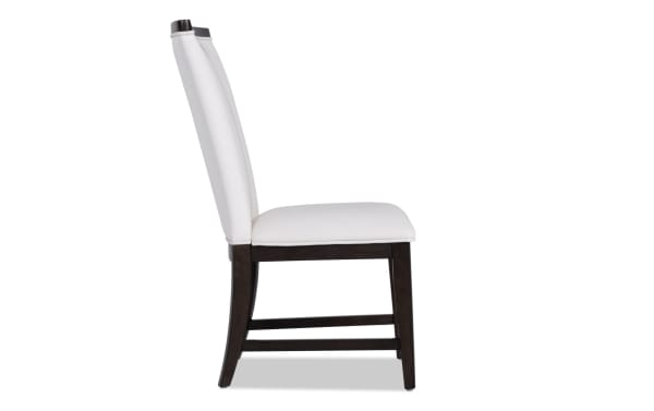 Contempo Espresso & White Solid Back Upholstered Dining Chair with white polyester fabric, memory foam seat, and espresso poplar wood frame in contemporary style.