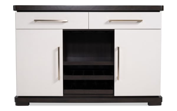 Contempo Espresso & White 2 Drawer Server with poplar, rubberwood, birch veneers, featuring two white drawers, side cabinets, and wine storage.
