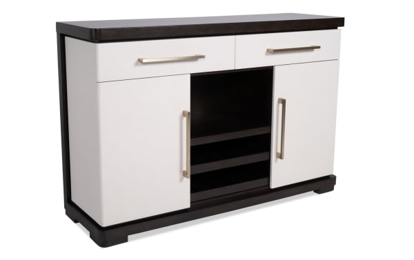 Contempo Espresso & White 2 Drawer Server with poplar, rubberwood, birch veneers, and polyester fabric. Contemporary style with wine storage, drawers, and cabinets.