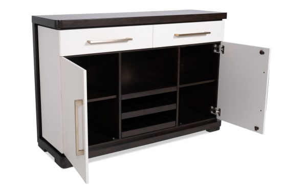Contempo Espresso & White 2 Drawer Server with contemporary design, poplar and rubberwood solids, birch veneers, fabric upholstery, two white drawers, espresso open shelves, and side cabinets for wine and glassware storage.