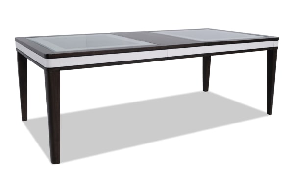 Contempo Espresso & White Extendable Dining Table with glass top, poplar and rubberwood solids, birch veneers, contemporary style, roomy and versatile.