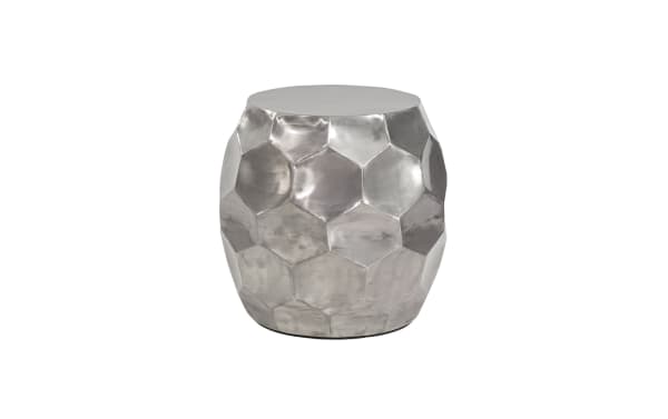 Zane Silver Side Table in industrial style, crafted from hammered silver iron with a faceted geometric design, perfect for modern interiors.