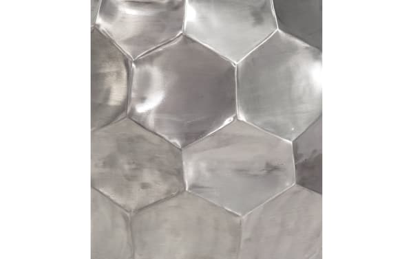 Zane Silver Side Table with industrial style iron hexagonal silver metal top, featuring a textured geometric pattern for modern decor.