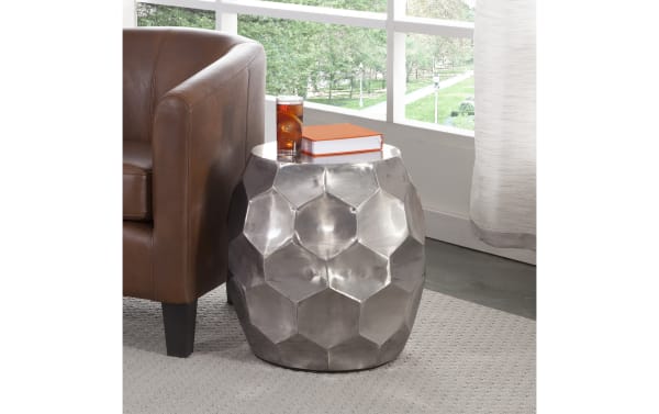Zane Silver Side Table in industrial style, crafted from silver iron with a faceted geometric design, perfect for modern living rooms.