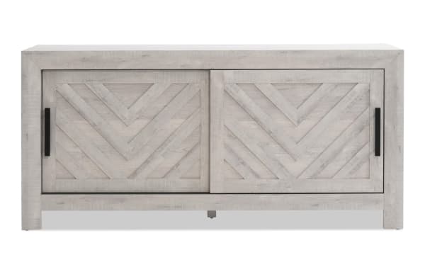 Calvin 55'' White TV Stand from Calvin Entertainment & Occasional collection, MDF with chevron plank design, sliding doors, and natural wood grain finish.
