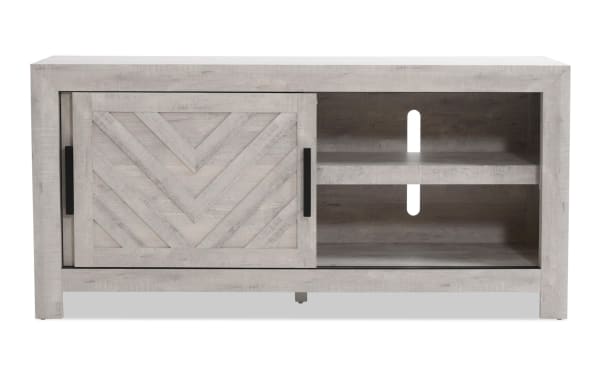 Calvin 55'' White TV Stand from Calvin Entertainment & Occasional collection, transitional style MDF with chevron plank design, sliding door, adjustable shelves, and cord management.