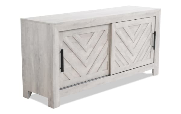 Calvin 55'' White TV Stand from Calvin Entertainment & Occasional collection, transitional style MDF with chevron plank design, sliding doors, and natural wood grain finish.