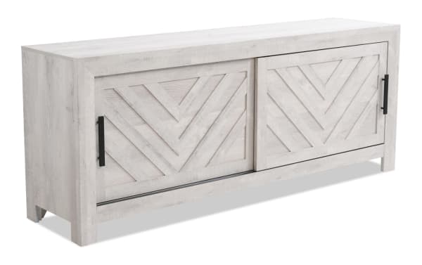 Calvin 65'' White TV Stand from Calvin Entertainment & Occasional collection, transitional style MDF with chevron plank design, sliding doors, and wood grain finish.