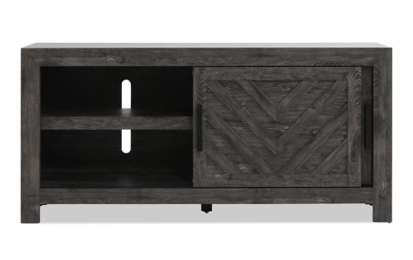 Calvin 55'' Gray TV Stand from Calvin Entertainment & Occasional, MDF transitional media console with chevron plank design, sliding door, adjustable shelves, and cord management.