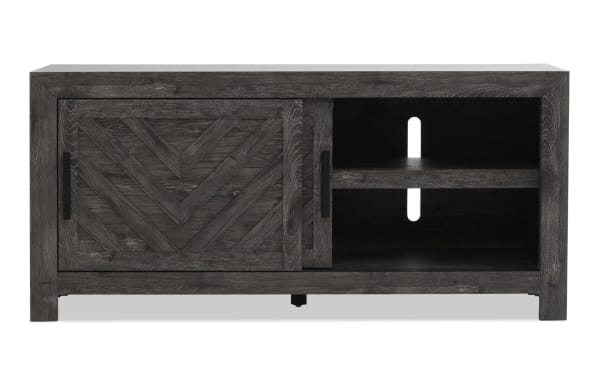 Calvin 55'' Gray TV Stand from Calvin Entertainment & Occasional collection, transitional style MDF wood with chevron plank design, sliding door, adjustable shelves, and cord management.