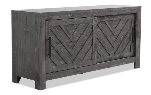 Calvin 55'' Gray TV Stand from Calvin Entertainment & Occasional collection, transitional style MDF with gray wood grain, chevron sliding doors, adjustable shelves, and cord management.