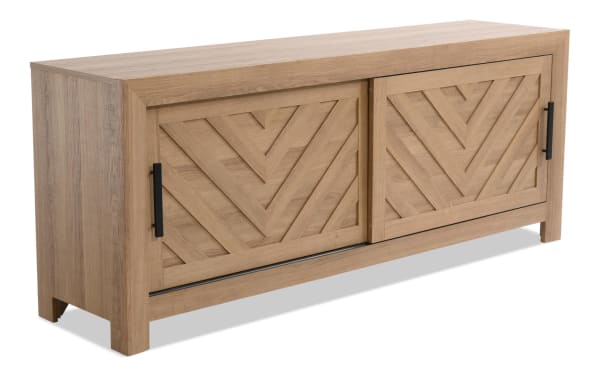 Calvin 65'' light brown MDF TV stand from Calvin Entertainment & Occasional collection, transitional style with chevron plank design, sliding doors, and natural wood grain finish.