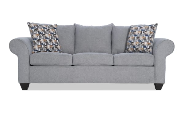 Kylie Gray 92'' transitional sofa with gray polyester fabric upholstery, roll arms, no-sag springs, memory foam cushions, and patterned accent pillows.