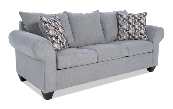 Kylie Gray 92'' transitional sofa in gray polyester fabric with roll arms, three seat cushions, and patterned accent pillows from the Kylie collection.