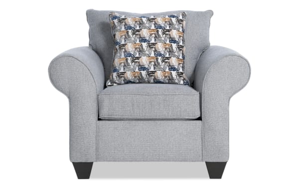 Kylie Gray Chair in gray polyester fabric with rolled arms, Bob-O-Pedic memory foam cushion, no-sag spring seating, and patterned accent pillow. Transitional style from the Kylie collection.