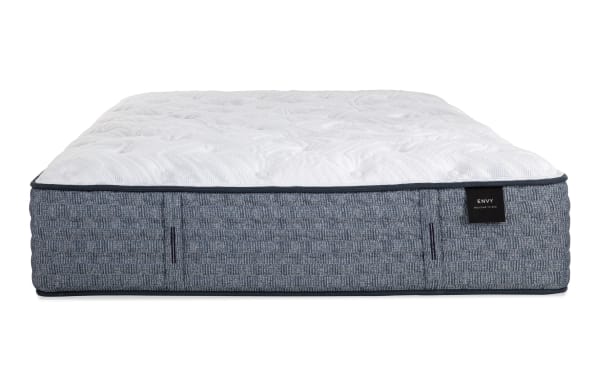 Envy 15.5" Twin XL Firm Mattress with hand-tufted white Tencel knit cover, gray hybrid side panel, silk and wool layers, gel memory foam, and 2,000 micro coils for pressure relief and temperature regulation.
