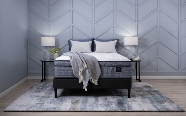Envy 16'' King Ultra Plush Mattress in blue-gray with hand-tufted Tencel knit cover, silk-wool layers, gel memory foam, and 2,000 micro coils.
