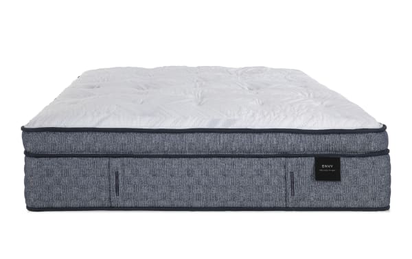 Envy 16'' King Ultra Plush Mattress with hand-tufted white Tencel knit cover, gray hybrid base, silk, wool, gel memory foam, and 2,000 micro coils for plush comfort and temperature regulation.