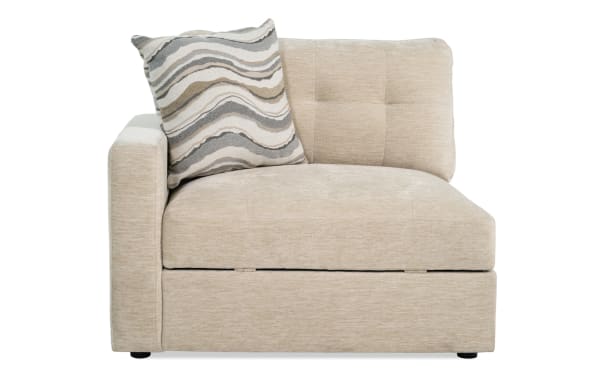 Beige Modular Bob® left arm facing storage chair with tufted polyester fabric upholstery, memory foam cushions, and contemporary design.