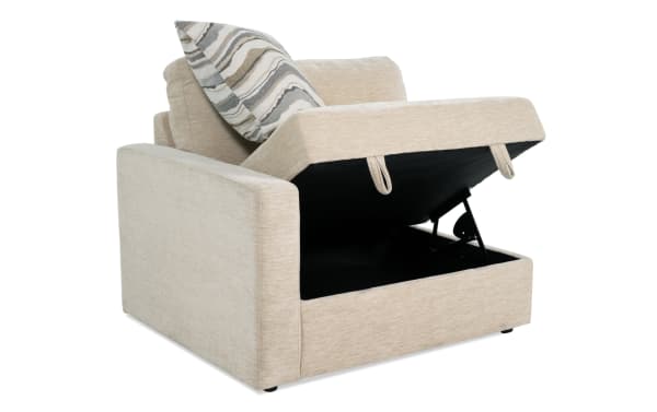 Beige Modular Bob® left arm facing storage chair with contemporary design, soft polyester fabric upholstery, and memory foam cushions.