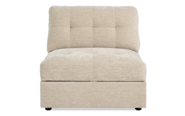 Beige Modular Bob® Armless Storage Chair with tufted polyester fabric upholstery, memory foam cushions, and contemporary modular design.