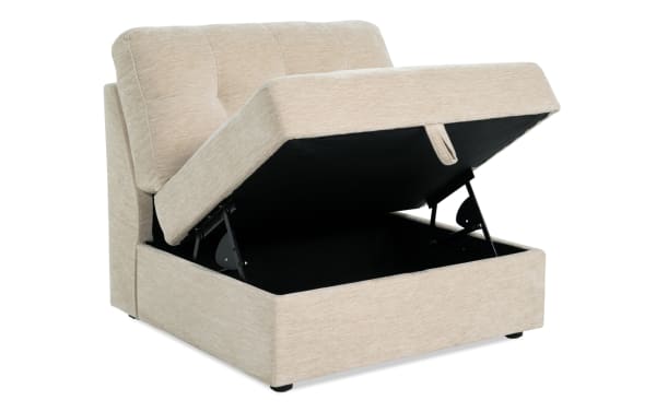Beige Modular Bob® armless storage chair with contemporary design, polyester fabric upholstery, and memory foam cushion with lift-up seat storage.