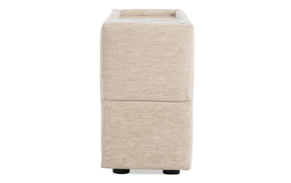 Beige Modular Bob® contemporary fabric console with polyester upholstery, hidden storage drawer, and USB/USB-C charging ports, versatile modular design.
