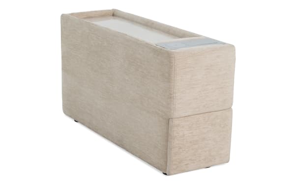Beige Modular Bob® contemporary fabric polyester console with hidden storage drawer, tabletop, and built-in USB and USB-C charging ports.