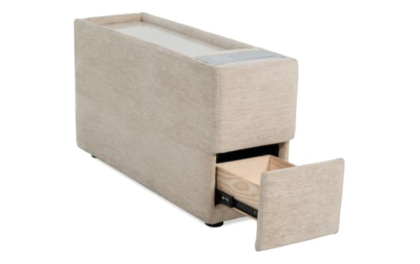 Beige Modular Bob® contemporary console with polyester fabric upholstery, hidden storage drawer, and USB/USB-C charging ports, versatile configuration.